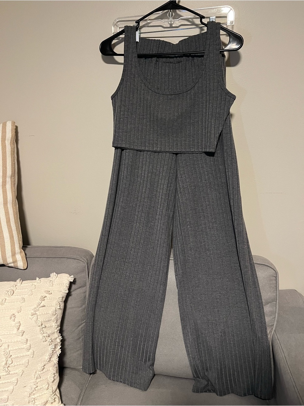 Pink Lily Ribbed Wide-Leg Two Piece Set - Charcoal
